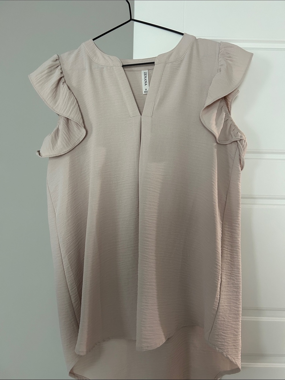 Zenana Outfitters Light Blush Ruffle Sleeve V-Notch Top